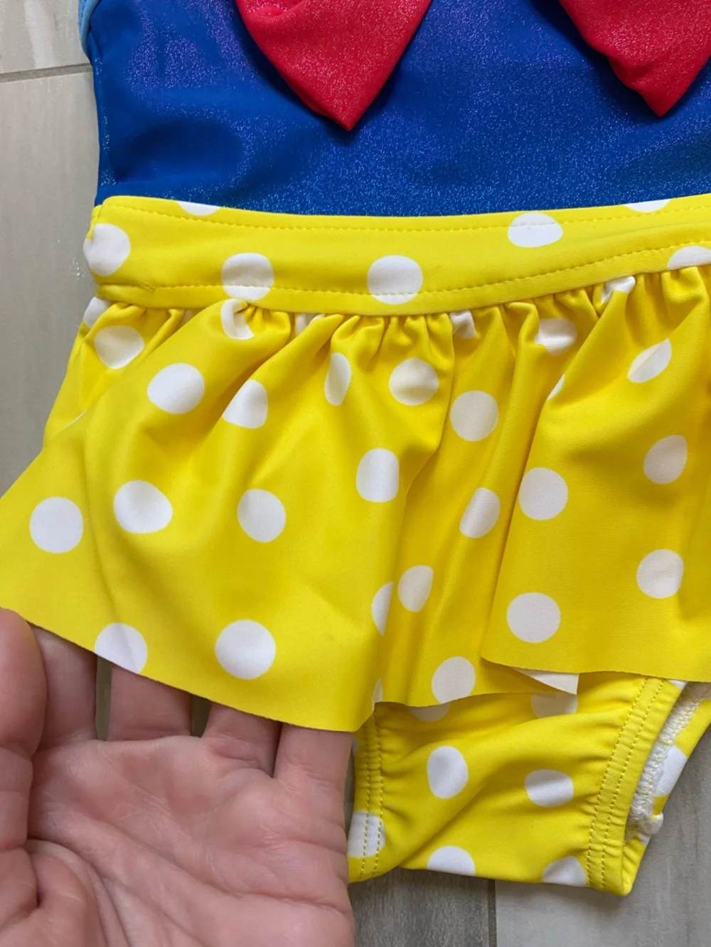 NWT RuffleButts Apple Princess Big Bow Yellow Polka Dot Skirted Swimsuit 3-6M